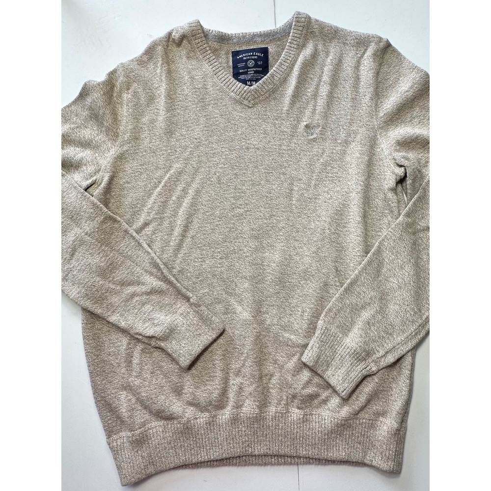 American Eagle Mens V-Neck Sweater Tan Heathered Cotton Knit Logo M